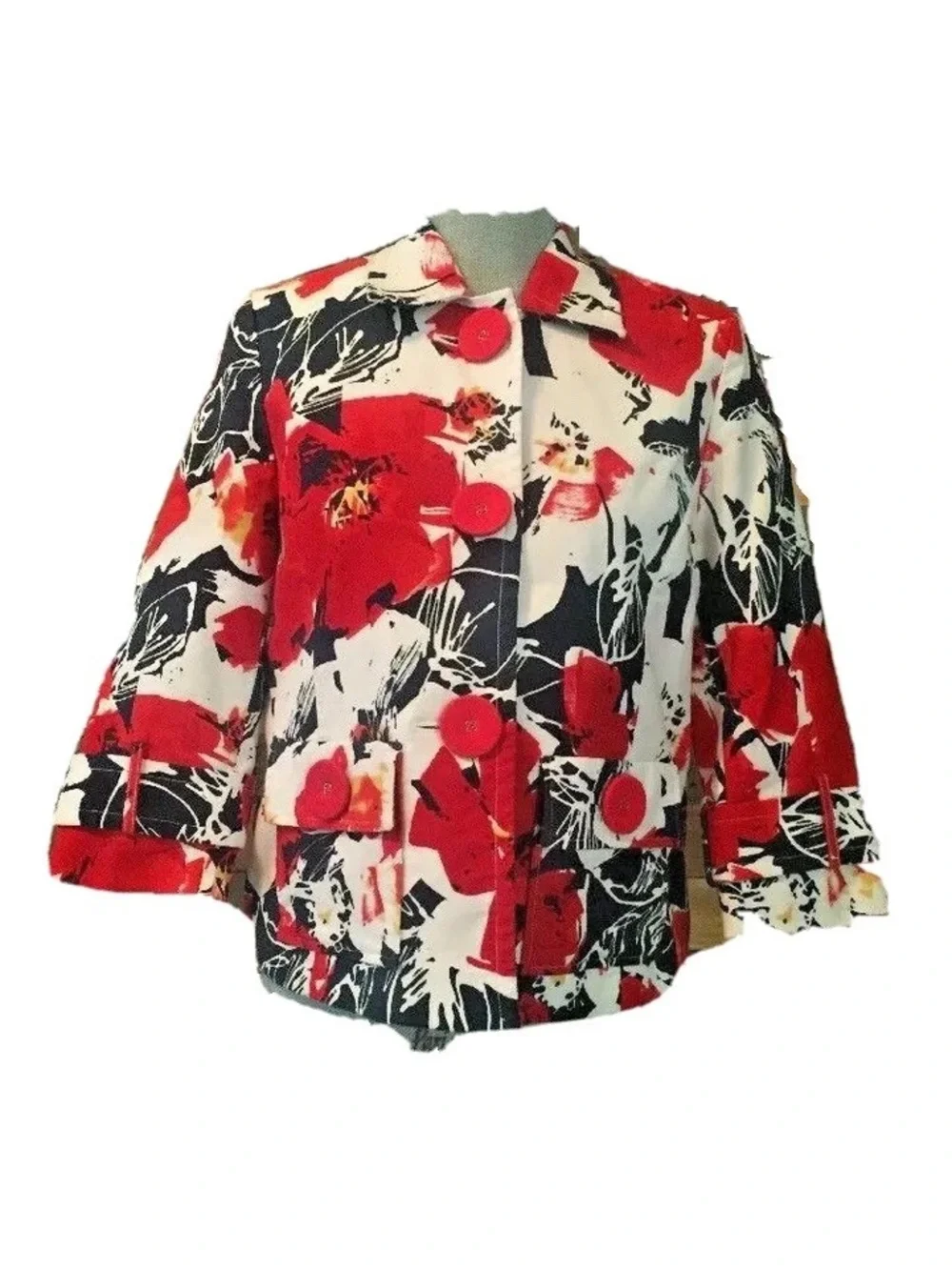 Floral Red and Black Cropped Button Jacket